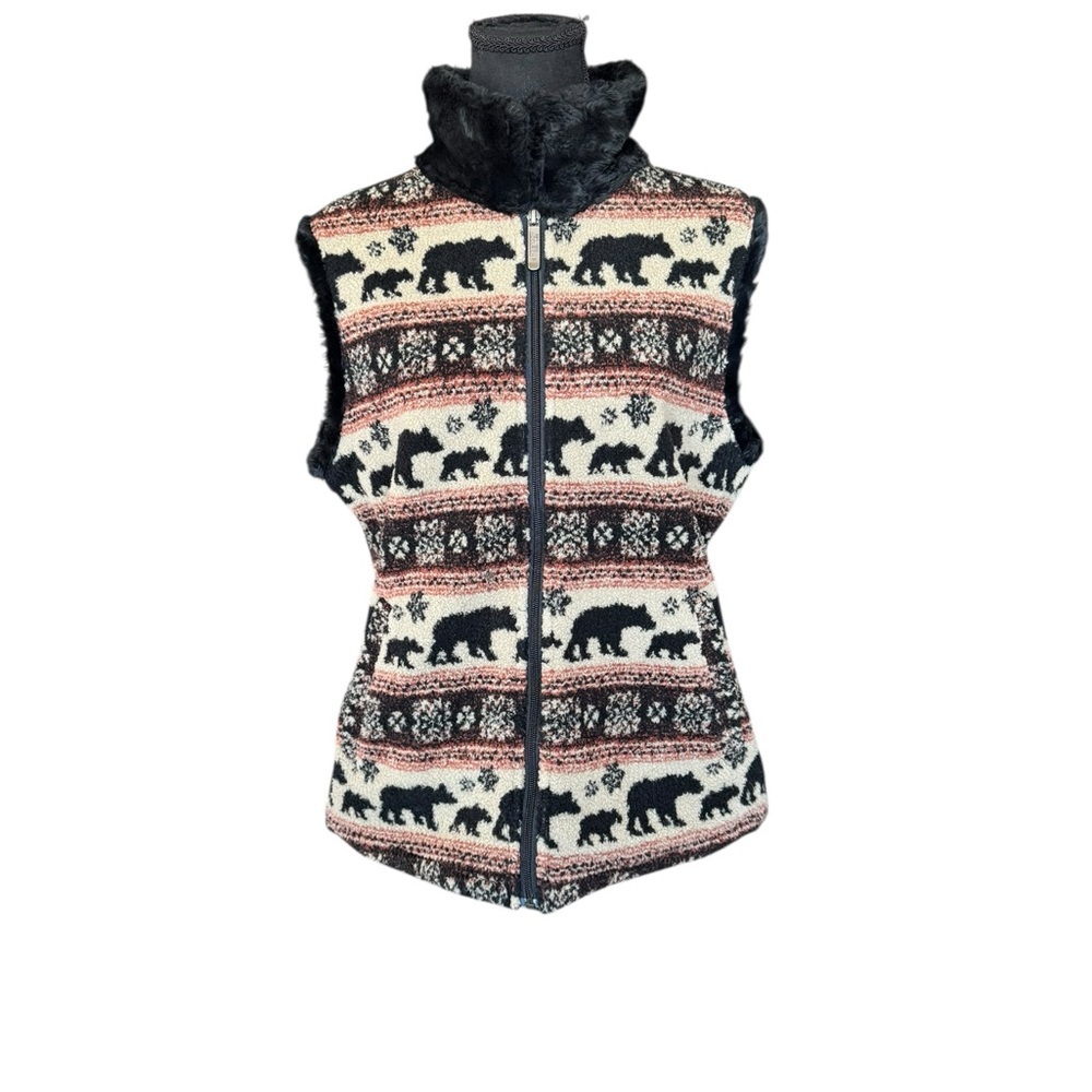 Woolrich Bear Print Sherpa Vest Faux Fur Collar Cabin Core Cozy M